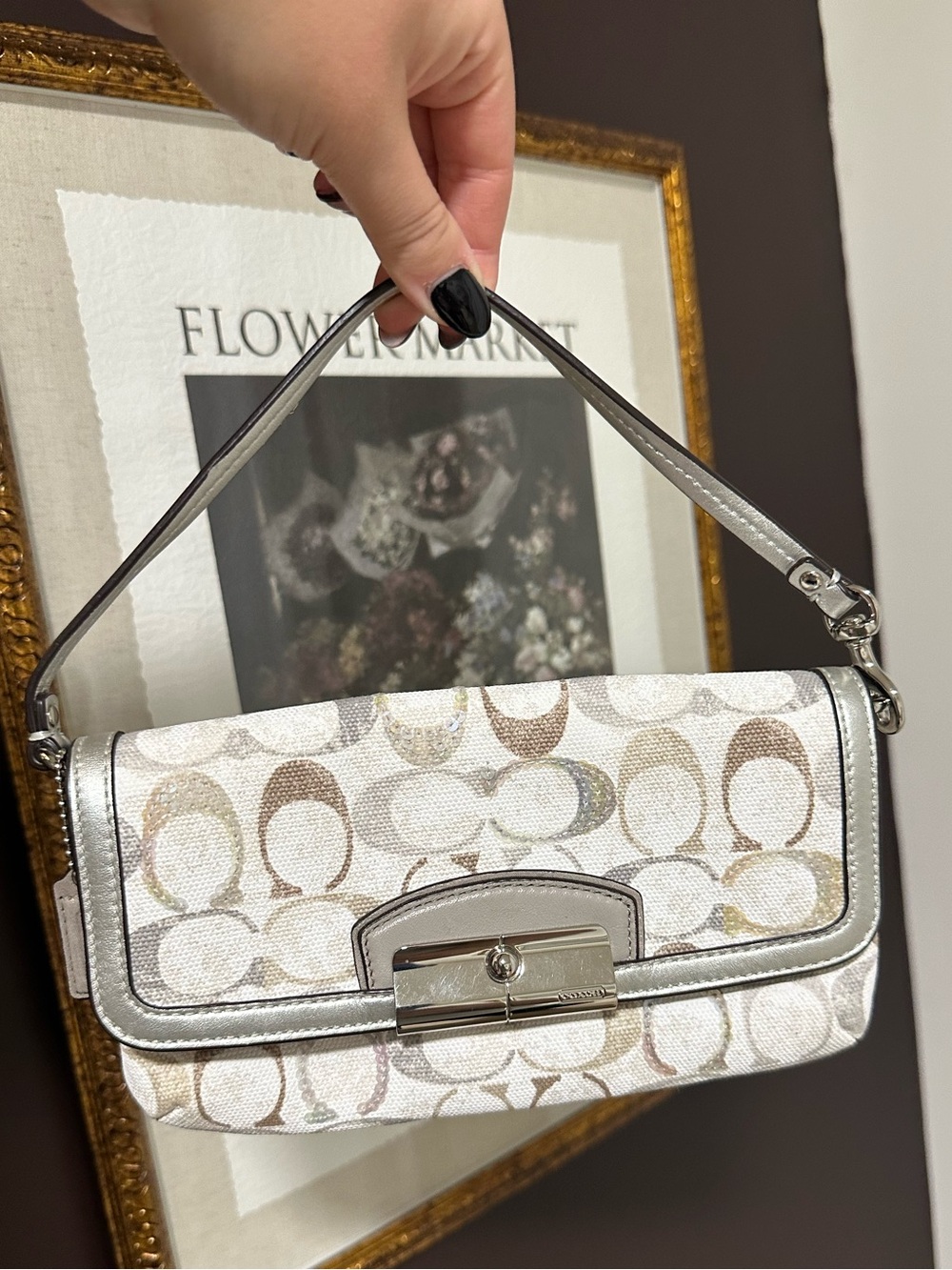 Coach Kristin Y2K Signature Sequin Flap Shoulder Bag Metallic Silver